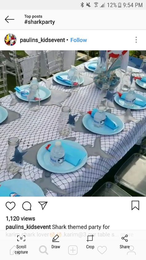 Shark Table Centerpiece, Shark Party Centerpiece Ideas, Shark Centerpiece Ideas, Shark Themed Party, Birthday Party Table Decorations, 10 Birthday, Party Tablescapes, Shark Birthday Party, Birthday Party Centerpieces