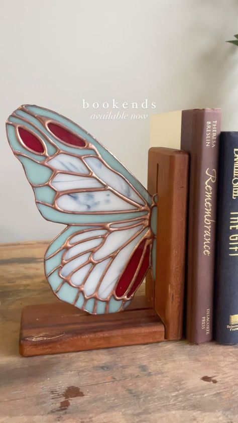 Which is your favorite?! The more I look at them, the more that first bookend set really stands out to me. Maybe it’s the colors, maybe… | Instagram Stained Glass Butterfly Bookends, Butterfly Book Ends, Cool House Items, Stained Glass Unique, Bookish Home Decor, Bookends Aesthetic, Mosaic Bookends, Stained Glass Bookends, Diy Stained Glass Projects