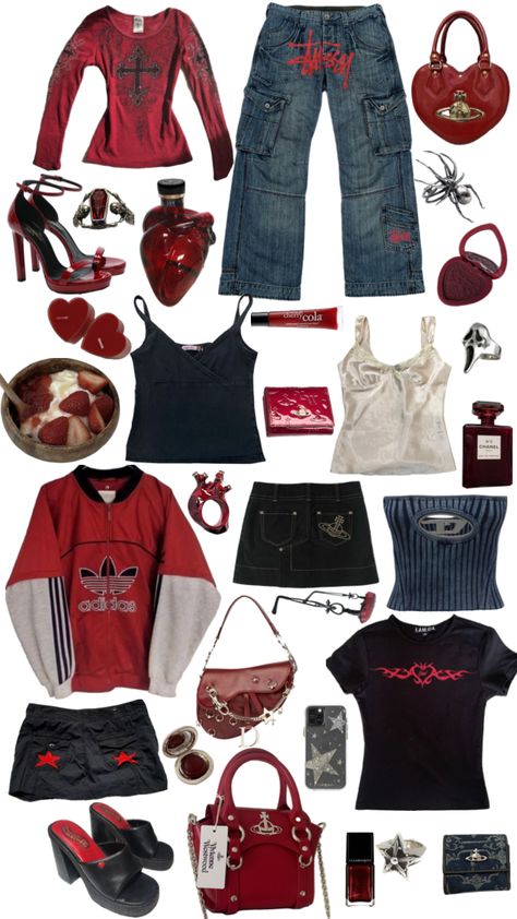 Red Y2k Outfit Aesthetic, Red Tomboy Outfits, Red Hair Outfit Ideas Street Styles, Red Cami Outfit, Red Hair Outfit Ideas, Red Y2k Outfit, Red Grunge Outfit, Red Jeans Outfit, Red Hair Outfits