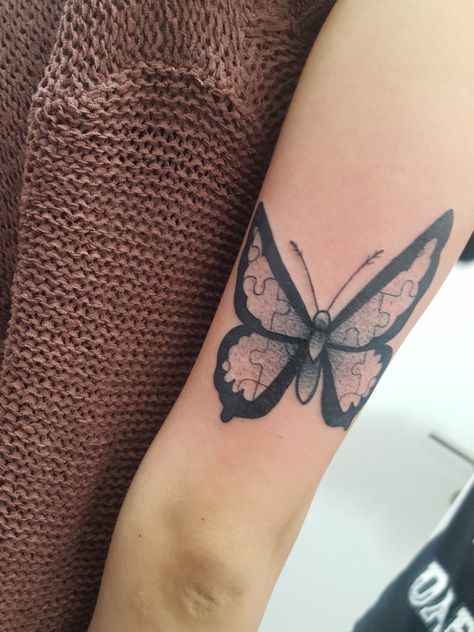 Butterfly Tattoo with Puzzle Pieces Butterfly Puzzle Tattoo, Puzzle Piece Butterfly Tattoo, Puzzle Piece Tattoo, Butterfly Puzzle, Puzzle Tattoos, Amazing Tattoos, Deathly Hallows Tattoo, Lotus Flower Tattoo, Butterfly Tattoo