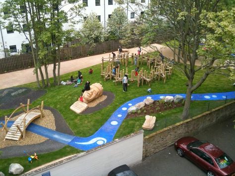 Pocket Park / In addition to the climbing structure, the blue "stream" provides drainage, preventing rainwater from pooling up in the playground. Climbing Structure, Public Playground, Pocket Park, Urban Landscape Design, Children Park, School Playground, Children's Garden, Natural Playground, Playground Design