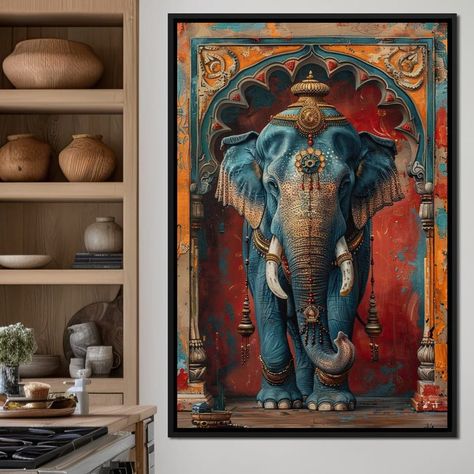 Majestic Sapphire Elephant Elephant Indian, Elephant Canvas Art, Bohemian Elephant, Home Decor Bohemian, Colorful Home Decor, Elephant Canvas, Artist Collective, Colorful Home, Elegant Frame