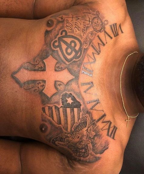 Andre Georgie II on Instagram: “Chest piece from last year I forgot to post 😩🐐🕶️ #chesttattoo #africa #elephanttattoo #clock #romannumeraltattoo #crosstattoo…” Cool Half Sleeve Tattoos, Roman Numeral Tattoos, Elephant Tattoo, Chest Piece, Cross Tattoo, Half Sleeve Tattoo, Roman Numeral, Chest Tattoo, I Forgot