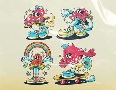 Mushroom Character Design, Retro Character Design, Object Character, Nail Branding, Mushroom Cartoon, Mushroom Character, Vintage Mascot, Retro Mascot, Sneakers Illustration