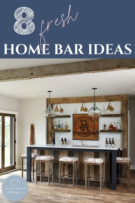 Home Bar Ideas, Bar Design, Basement Design Bar Ideas for Home, Basement Bar, Basement Bar Ideas, Wet Bar Ideas, Basement Bar Designs, Modern Farmhouse Design, Barnwood, Basement Design, wood beams, bar lights, bar sink, bar faucet, black bar, blue bar, white counters, subway tile, farm sink, home entertaining, family friendly, bar on a budget, DIY home bar ideas, Home bar DIY, Basement DIY, basement decor, kid friendly basement, basement wall color, paint colors for basement, best bar ideas Bars With Shiplap, Bar On Open Wall, Lake House Basement Bar, One Wall Bar Ideas, Bar Seating Against Wall, Barnwood Bar Ideas, Family Room Bar Ideas Modern, Basement Bar With Floating Shelves, Basement Bar Accent Wall