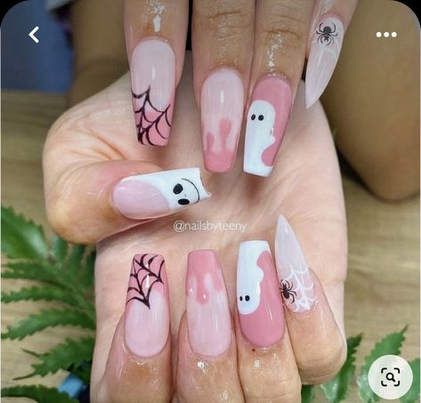 Girlie Halloween Nails, Spooky Ghost Nails, Halloween Gender Reveal Nails, Ghost Spider Nails, Pink Spider Web Nails, Pink Halloween Nails Acrylic, Halloween Nail Inspiration, Pink Ghost Nails, Cute Nails For Halloween