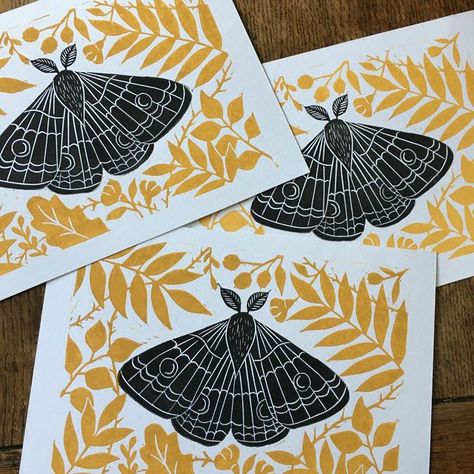 Rose Agar on Instagram: "Been taking it slow this week but a few more two tone moth prints will be going on Etsy later! . . . #inspiredbynature_ #printmaker #printmaking #linoprint #linocut #etsyuk #standwithsmall #moths #mothprint #botanicalpickmeup #rusticstyle #printmakingforthepeople #natureprint" Lino Print Simple, Linocut Inspiration, Taking It Slow, Emperor Moth, Moth Illustration, Moth Print, Lino Printing, Linocut Printmaking, Lino Art