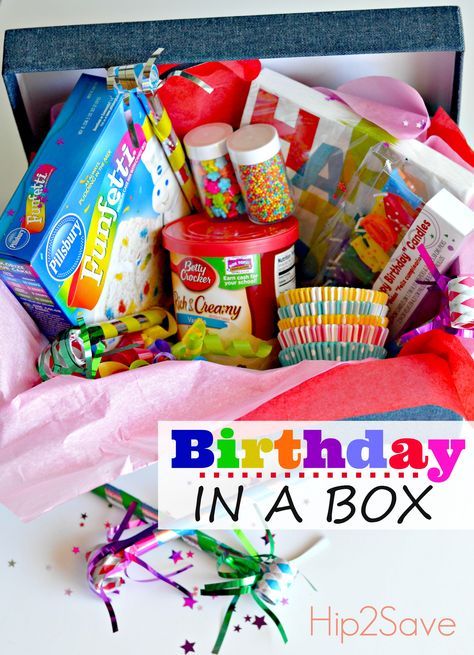 Birthday in a Box Easy & Frugal Gift Idea - Great for Scout Service Ideas as well Birthday In A Box, Birthday Care Packages, Blessing Bags, Birthday Bag, Surprise Box Gift, Friends Diy, Box Cake Mix, Surprise Box, Birthday Box