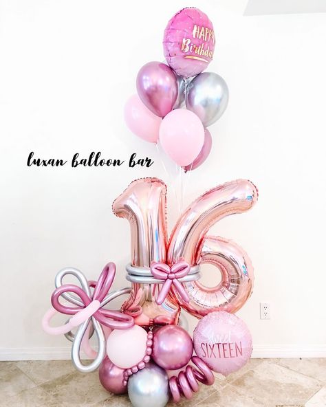 LuxanBalloonBar on Instagram: “Sweet 16 Balloon Bouquet 🎈  Don’t let these milestones go uncelebrated 🎉  Thank you @freshlyprepped for your continued support 💕” 8 Balloon Bouquet, 16 Balloon Bouquet, Sweet 16 Balloon Decorations, Balloon Stack, Balloon Bar, Party Balloons Diy, Balloons Bouquet, Balloons Decor, Happy Balloons