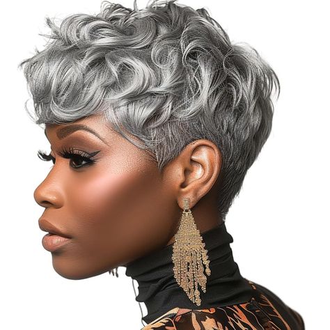 PRICES MAY VARY. Worried that your wispy locks can't accommodate a bold short hairstyle? The combination of pixie cut hair and Gray color can give you a smart and elegant look at the same time. The fun of pixie cut wigs is that you can DIY. You will need to tease and style to get the look in pictures. You can use your fingers to create beautiful styles. The hair is full curls in the top and tapered cut in the back. Versatile, just style and go! Try a short pixie cut wig, because it's an excellen Grey Wigs For Black Women, Short Grey Wigs, Black Women Pixie Cut, Gray Pixie, Gray Wigs, Hairstyles For Seniors, Grey Wigs, Short Cut Wigs, Women Pixie Cut