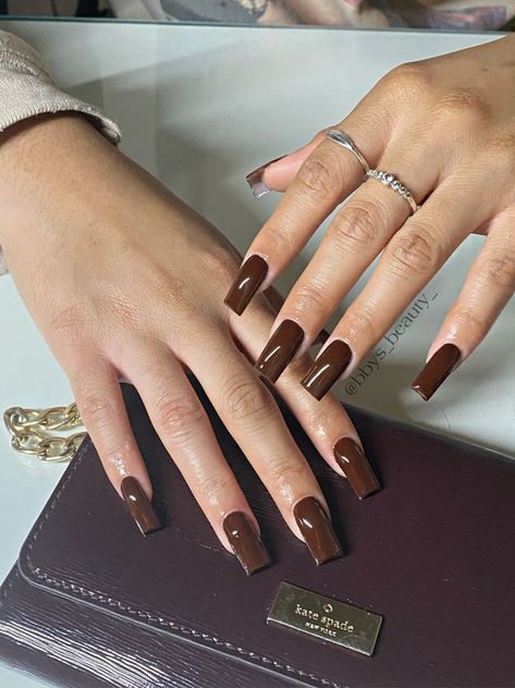 Mocha Brown Nails Acrylic, Dark Brown Coffin Acrylic Nails, Medium Square Nails Fall, Chocolate Brown French Tip Nails, Medium Square Acrylic Nails Fall, Fall Nails 2023 Square, Brown Tapered Square Nails, Solid Brown Nails, Medium Brown Nails