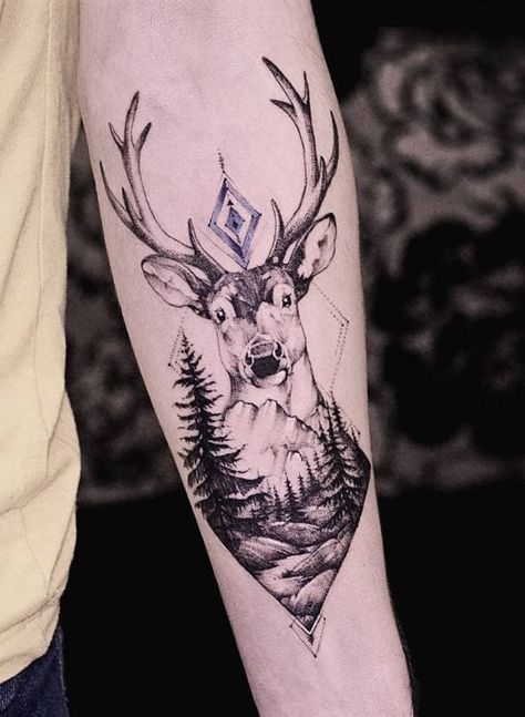 Tree And Deer Tattoo, Mountain Deer Tattoo, Deer Mountain Tattoo, Natur Tattoo Arm, Deer Head Tattoo, Deer Tattoo Designs, Stag Tattoo, Hirsch Tattoo, Mini Mundo