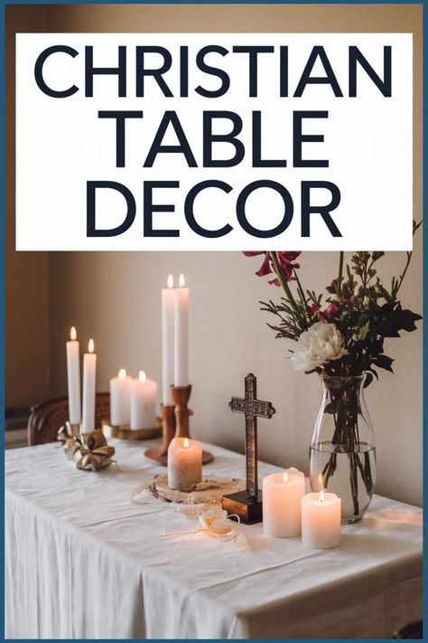 Candles, cross, and flowers arranged on a table with a white cloth for Christian decor. Christian Table Decor, Table Decor Ideas, Christian Decor, Scripture Wall Art, Art Table, Bible Lessons, Book Decor, Bible Inspiration, Family Gatherings