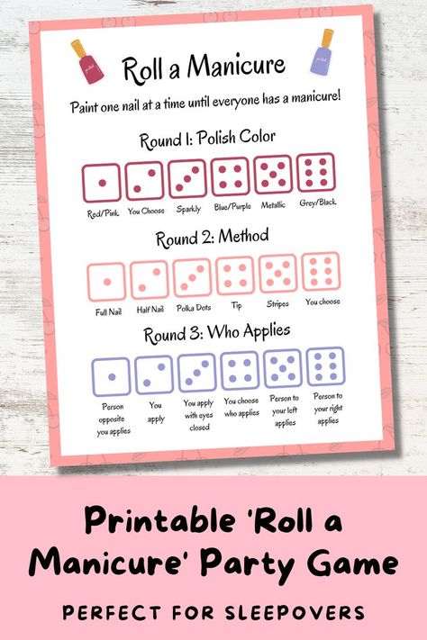 Nail Polish Games Slumber Parties, Sweet 16 Sleepover Ideas Party Games, Spin The Nail Polish Game Printable, Slumber Party Birthday Games, Spin The Bottle Nail Polish Game, Pamper Party Games, Spa Birthday Party Activities, Indoor Party Games For Teens, Teen Spa Party Ideas