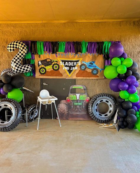 Slader’s 2nd JAM! All the monster trucks for this little cutie🏁🎉🥳 #gravedigger #megalodon #monstertrucks #monstertruckparty #birthdayparty #birthdaypartydecor #handpaintedsigns Monster Truck Third Birthday Party, Monster Truck Birthday Backdrop, Monster Jam Birthday Decorations, 2nd Birthday Monster Truck Theme, Monster Truck 4th Birthday Party Ideas, Monster Truck 3rd Birthday Party, Monster Jam Party Decorations, Boy 2nd Birthday Party Ideas, Monster Truck 2nd Birthday