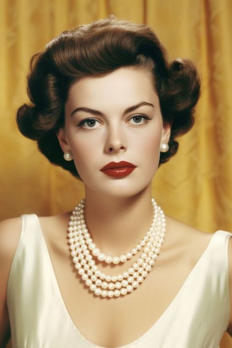 Photo showing 1950s woman wearing matching pearl necklace and earrings set 50s Accessories Jewelry, 50s Fashion Accessories, 1950 Jewelry 1950s Fashion Accessories, Old Hollywood Jewelry Glamour, 50s Jewelry 1950s, 1940’s Jewelry, 1940 Jewelry Earrings, 1950s Accessories Jewelry, 1950s Fashion Accessories