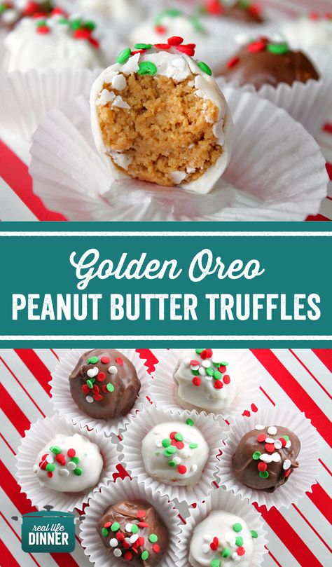 Look out Oreo Cream Cheese Truffles. There's a new girl in town. Golden Oreo Peanut Butter Truffle is going to rock your world and steal your boyfriend. :) Seriously though! WOW! These are good. Where you been all my life sugar. Recipe only has three ingredients. Perfect for Christmas time. Where my Peanut Butter Lovers at? ~ https://reallifedinner.com Cream Cheese Truffles, Oreo Peanut Butter, Oreo Cream Cheese, Truffles Recipes, Cheese Truffles, Oreo Truffles Recipe, Christmas Truffles, Dessert Truffles, Peanut Butter Truffles