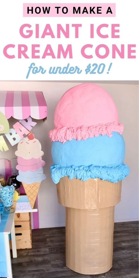 Make a GIANT ice cream cone (almost 6 feet tall) for under $20! This big ice cream cone is the perfect decoration for any ice cream party. Use basic supplies you already have like cardboard, newspaper, and paint to make this fun, easy giant ice cream, great for an ice cream themed birthday party, graduation, gender reveal, baby shower, and more! Diy Ice Cream Pinata, Diy Large Ice Cream Cone Decorations, Diy Ice Cream Decorations Ideas, Ice Cream Party Photo Booth, Diy Giant Popsicle Prop, Ice Cream Party Backdrop Ideas, Snow Cone Decorations, Candy Land Backdrop Diy, Diy Candyland Backdrop