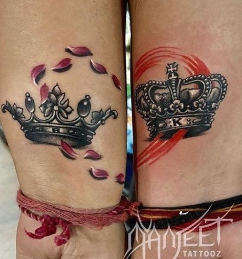 King Queen Couple Tattoo, Couple Crown Tattoo, One Love Tattoo, King And Queen Tattoo, King Queen Tattoo, Marriage Tattoos, Him And Her Tattoos, Couple Tattoos Love, Partner Tattoos