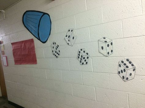 Yahtzee Wall Dec for college hallway decorations. Went well with my "board game" theme! RA Res Life Yahtzee Decorations, Board Game Hallway Theme, Monopoly Ra Theme, Board Game Theme Decorations, Board Games Decorations, Board Game Homecoming Theme, Dorm Hallway Decorations, Game Of Life Decorations, Board Game Decorations