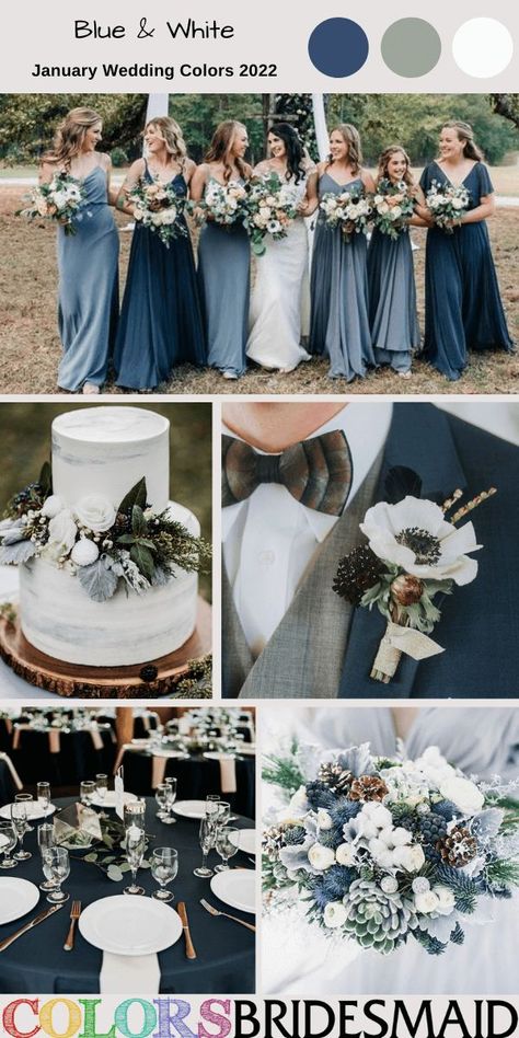 Winter Wedding Blue Bridesmaid, Blue Green And Grey Wedding, Blue And Deep Green Wedding Decor, Safe And Blue Wedding, Different Blue Shades Bridesmaid Dresses, Blue Green White Bouquet, November Wedding Blue, Deep Blue Wedding Colors, Blue Hues Wedding