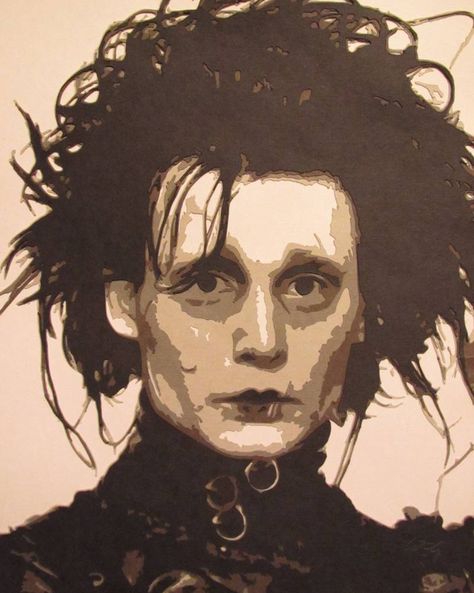 Edward Scissorhands Paintings, Dark Collage, Paper Portrait, Horror Drawing, Stippling Art, Tim Burton Movie, Edward Scissorhands, Shadow Photos, Horror Movie Art