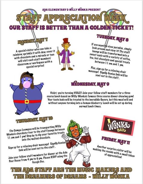 Willy Wonka Teacher Appreciation Week, Wonka Teacher Appreciation, Staff Appreciation Week Around The World, Employee Appreciation Movie Theme, Disney Themed Teacher Appreciation Week, Teacher Appreciation Stock The Lounge, Appreciation Crafts, Appreciation Themes, Teacher Appreciation Crafts