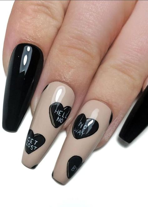 A women's lifestyle destination dedicated to style, entertainment, love, and living beautifully. Matte Black Valentines Nails, Black Love Heart Nails, Anti Love Nails, Edgy Valentines Nails Black, Black Heart Nails Valentines Day, Black Anti Valentines Day Nails, Valentines Nail Art Designs, Black Coffin Nails, Vday Nails