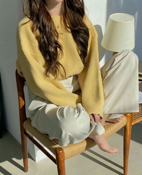 Pastel Yellow Aesthetic Outfit, Light Yellow Outfit Aesthetic, Yellow Academia Outfit, Korean Yellow Outfit, Yellow Sweater Outfit Aesthetic, Yellow And Khaki Outfit, Yellow Crewneck Outfit, Yellow Pullover Outfit, Pastel Yellow Outfits