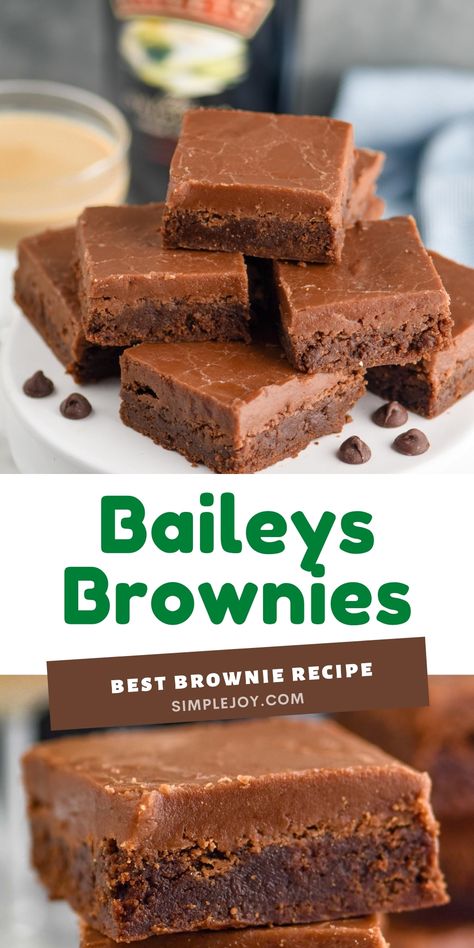 These Baileys Brownies have a deep chocolate fudge flavor with the perfect amount of Baileys Irish Cream in the brownie and the decadent frosting. Baileys Irish Cream Bread, Baileys Brownies Recipe, Baileys Dessert Recipes Easy, Baileys Recipes Desserts, Brownie Types, Bailey Recipes, Baileys Brownies, Liquor Cakes, Boxed Brownie Recipes