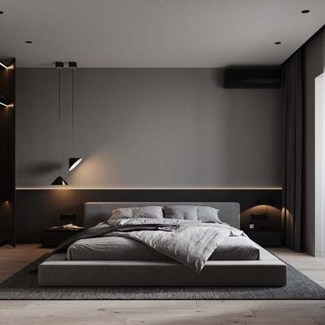 Dark minimalistic apartment :: Behance Modern Sleek Bedroom, Minimal Bedroom Interior, Dark Minimalist Bedroom, Sleek Bedroom, Feature Wall Living Room, Minimal Bedroom, Minimalist Bed, Black Interior Design, Modern Luxury Bedroom