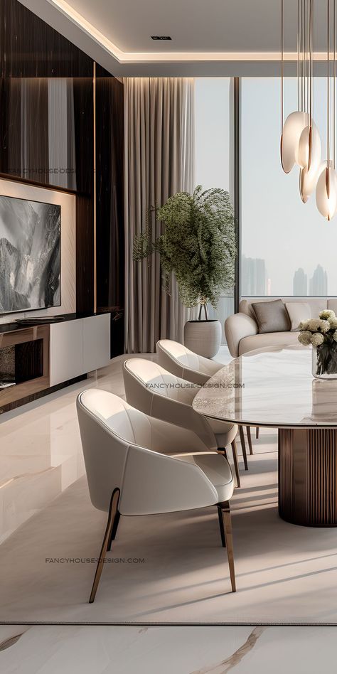 A marble tabletop shines amidst the beige calm of this tastefully designed dining room. Luxurious simplicity is key in this dining room, featuring a marble table and beige comfort. Creative Dining Table, Beige Dining Room, Luxury Dining Room Decor, Beige Dining Chair, Dining Room Design Luxury, Dining Table Design Modern, Dining Room Interior, Luxury Dining Tables, Luxury Dining Table