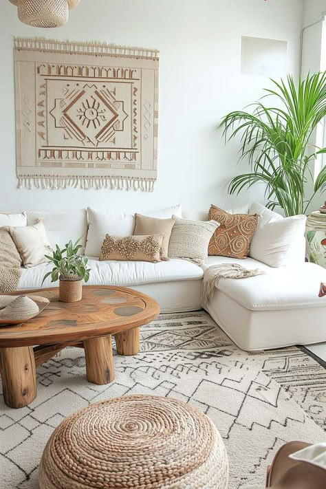 Modern boho living room decor with white sectional, wood coffee table, textured throw pillows, Moroccan rug, and neutral color palette Modern Clean Boho Living Room, Textured Living Room Decor, Boho Style Small Living Room, Boho Living Room Decor Inspiration, Boho Sitting Room Ideas, White Bohemian Living Room, Simple Neutral Living Room, Boho Chic Living Room Apartments, Bohemian Minimalist Living Room