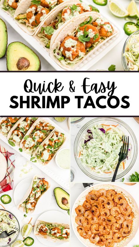 The best ever Shrimp Tacos! Seasoned with taco spices, this shrimp is pan-cooked and served with a zesty cilantro lime dressing. Grab your favorite tortillas and make these easy shrimp tacos for dinner tonight! Shrimp Tacos With Slaw, Taco Spices, Slaw For Shrimp Tacos, Tacos With Slaw, Easy Shrimp Tacos, Cilantro Lime Shrimp Tacos, Tacos For Dinner, Shrimp Tacos Easy, Taco Spice