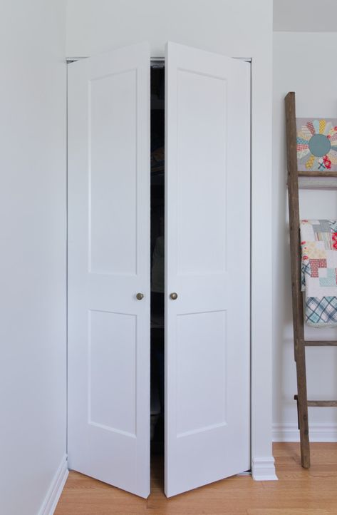 Bifold Door Linen Closet, Folding Doors Ideas Closet, Closet Door Opening Ideas, French Doors On Closet, How To Make Bifold Doors Into One Door, How To Change Bifold Door To French Door, Closet Door Open Out, Laundry Double Doors, Closet French Door Ideas