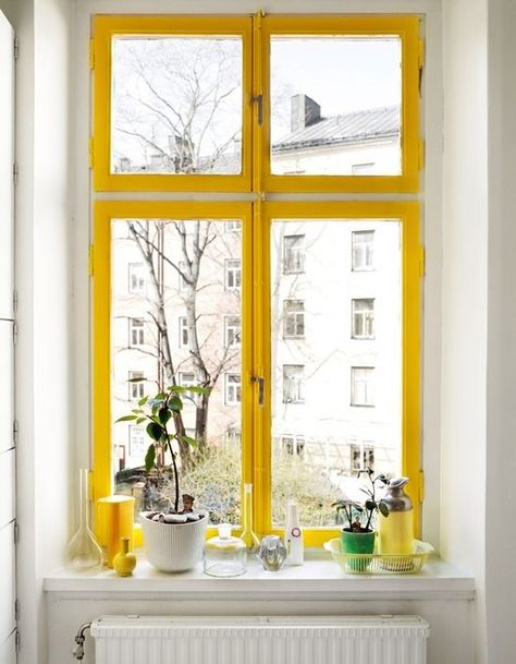 Paint window sill and frame a bright, happy color. Painted Window Frames, Yellow Window, Trim Paint Color, Disc Interiors, Fancy Houses, Painting Trim, Trendy Kitchen, Window Frames, Window Painting