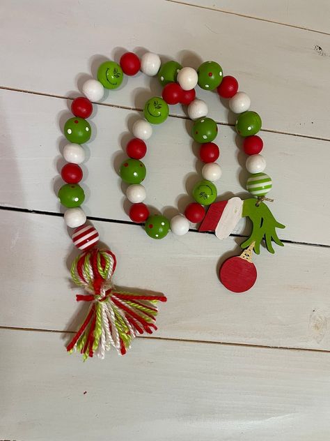 Farmhouse Christmas Decor/grinch Christmas Garland. Great | Etsy Grinch Christmas Garland, Christmas Decor Grinch, Farmhouse Beads, Xmas Table, Gingerbread Crafts, Yucca Valley, Wooden Bead Garland, Fancy Beads, Bead Garland