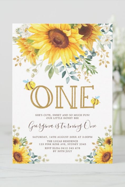 Honey Bee Sunflower 1st Birthday Summer Floral Invitation #sunflower #bee #summer #floral #firstbirthday #birthday #happybirthday #birthdaycards #birthdayparty #turningone Sunflower 1st Birthday, Sunflower Birthday, 1st Birthday Invitation Template, Happy Birthday Template, Floral Greenery, Bee Birthday, Invitation Floral, Birthday Invitation Template, Birthday Template