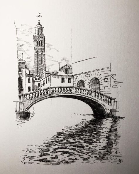 Bridge Drawing, Landscape Pencil Drawings, Pen Art Work, Perspective Drawing Architecture, City Sketch, Italian City, Urban Sketch, Watercolor Architecture, Architecture Sketchbook