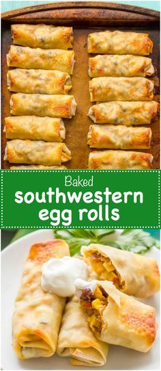 Baked southwestern egg rolls with chicken, black beans and cheese make a perfect game day or party appetizer - these are always a hit! | www.familyfoodonthetable.com Southwestern Egg Rolls, Chicken Black Beans, Telur Gulung, Beans And Cheese, Egg Roll Recipes, Egg Muffins, Buffalo Chicken Dip, Party Appetizer, God Mat