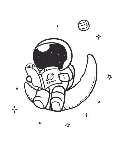 Bunny Astronaut Drawing, Drawing Related To Space, Solar System Cartoon Drawing, Drawing Ideas Space Theme, Cute Astronaut Drawing Easy, Tiny Astronaut Drawing, Simple Astronaut Drawing Easy, Easy Drawings With Steps, Line Art Astronaut