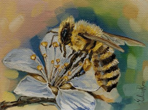 Painting FOR SALE. Original Insects painting. Ukrainian artist - Yuliia Reshetnyk. The artist project "Loving Vincent". *Title: Bee *Size: 3x4 inch *Materials: oil on paper with imitation of canvas texture *Free Shipping A good idea to give a touch of oil painting to your home, living room, kitchen, bedroom or office…perfect gifts for your relatives and friends. Insects Painting, Painting As A Gift, Loving Vincent, Gift Painting, Bee Painting, Artist Project, Angel Art, Canvas Texture, Kitchen Bedroom