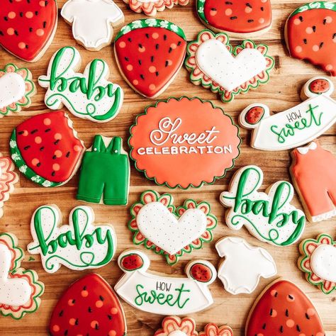 Watermelon Themed Baby Shower Ideas, Watermelon Baby Shower Theme, Watermelon Gender Reveal, Fruit Themed Baby Shower Ideas, Watermelon Baby Shower Ideas, June Baby Shower Ideas, Summer Baby Shower Themes, Grace Ann, Watermelon Cookies