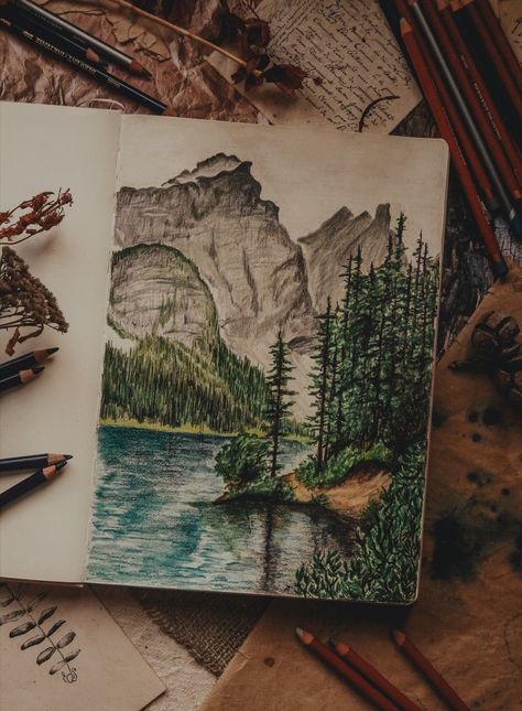 Colored Pencil Nature Drawings, Color Pencil Art Nature, Colored Pencil Nature Art, Easy Drawings Colored Pencils, Color Pencil Art Drawings Nature, Color Pencil Art Drawings Creative, Colored Pencil Aesthetic, Color Pencil Art Easy, Sketchbook Colored Pencil