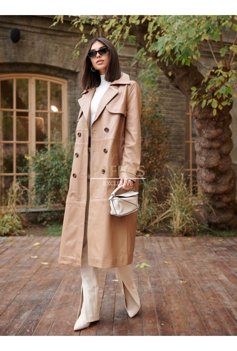 Kaufen Sie Leder-Trenchcoat beige 2023 im Online-Shop Paffos.ru Leather Coat, Online Shop, Leather