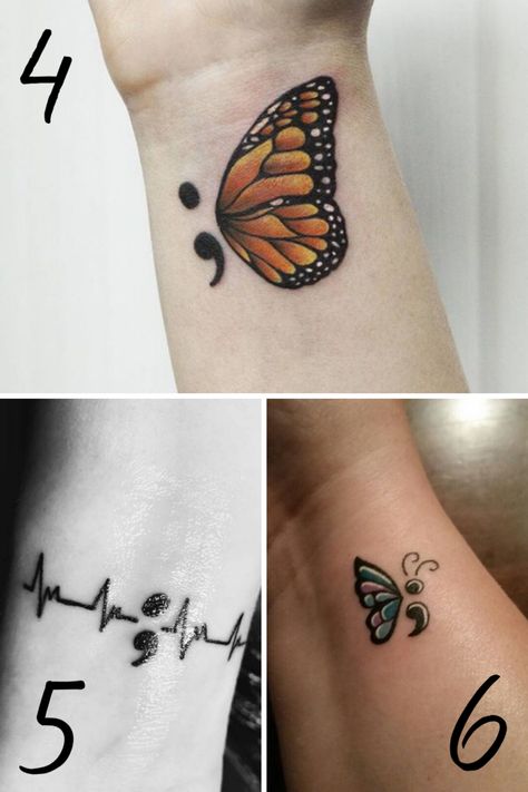 Half Butterfly Half Semi Colon Tattoo, Semi-colon Tattoo Unique, Semi-colon Tattoo Ideas Wrist, Unique Half Sleeve Tattoos For Women Meaningful, Semi Colon Tattoos For Women, Unique Semi-colon Tattoo Ideas, Unique Meaningful Tattoo Ideas, Mental Health Tatoos Ideas, Recovery Tattoos