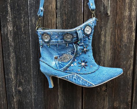 High Heel Denim Boot Purse with Long Shoulder Strap, Unique Handbag Made of Upcycled Shoe Boot Purse, Cowboy Culture, Unique Handbag, Handmade Purse, Vintage Cowgirl, Jean Pockets, Denim Boots, Heel Boot, Motorcycle Riders