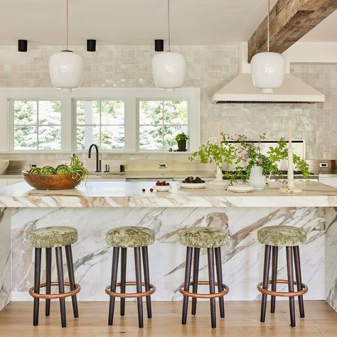 Tile Range Hood, Connecticut Kitchen, Calacatta Vagli, White Dove Benjamin Moore, Westport Connecticut, Emily Henderson Design, Pierre Frey Fabric, Bold Kitchen, Cle Tile