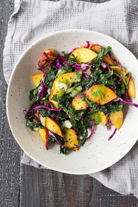 peach, kale and cabbage slaw Kale And Cabbage, Kale Cabbage, Sliced Peaches, Easy Curry, Vegetarian Cabbage, Vegan Salad Recipes, Fresh Peaches, Lime Dressing, Cabbage Slaw