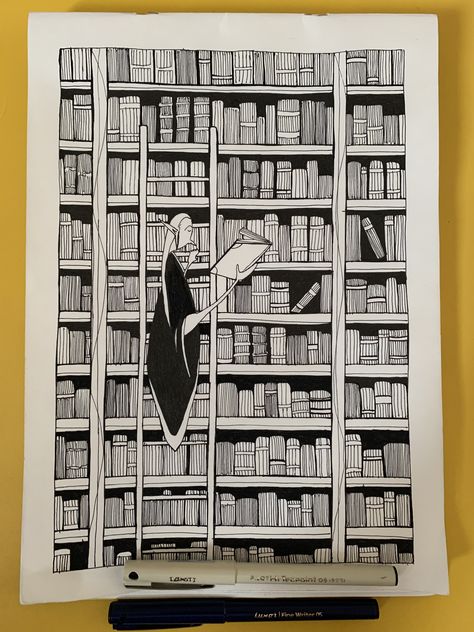 Simple Library Drawing, Library Tattoo Book Lovers, Book Case Drawing, Library Doodle, Lover Doodle, Library Drawing, Window Sketch, Easy Pictures To Draw, Book Tower